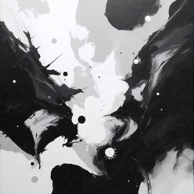 The primary subject of the image is a black and white painting featuring a dragon-like creature. The setting is a dark, moody environment, and the visual style is a combination of digital art and illustration. The dominant colors are black and white, creating a dramatic and intense atmosphere.